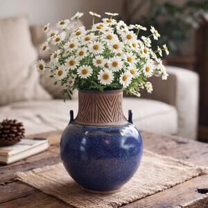 Studio Art Pottery Flower Vase Blue Folk Art Rustic Signed Chohlidakis USA 8”H